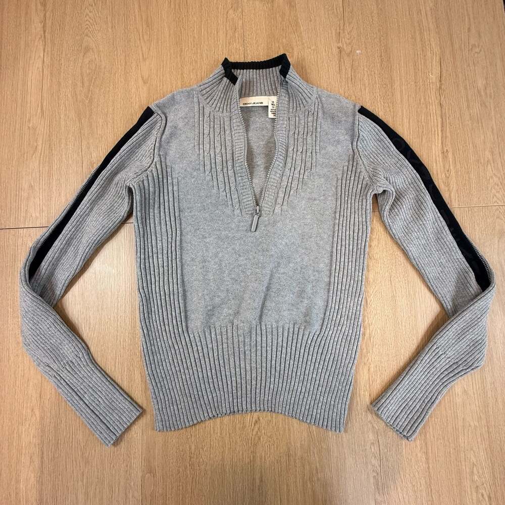 Vintage DKNY Jeans Y2K Gray Ribbed 1/4 Zip Sweater Size L Athleisure